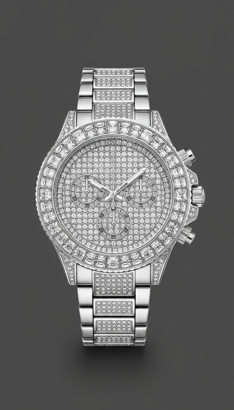 Iced diamond-bezel chronograph watch, men's luxury style
