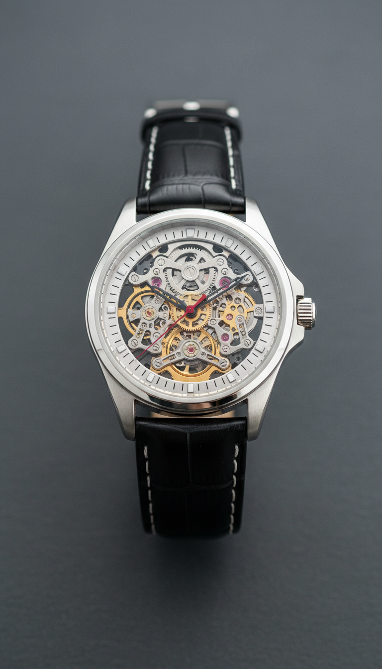 Skeleton dial watch, exposed mechanical-style face