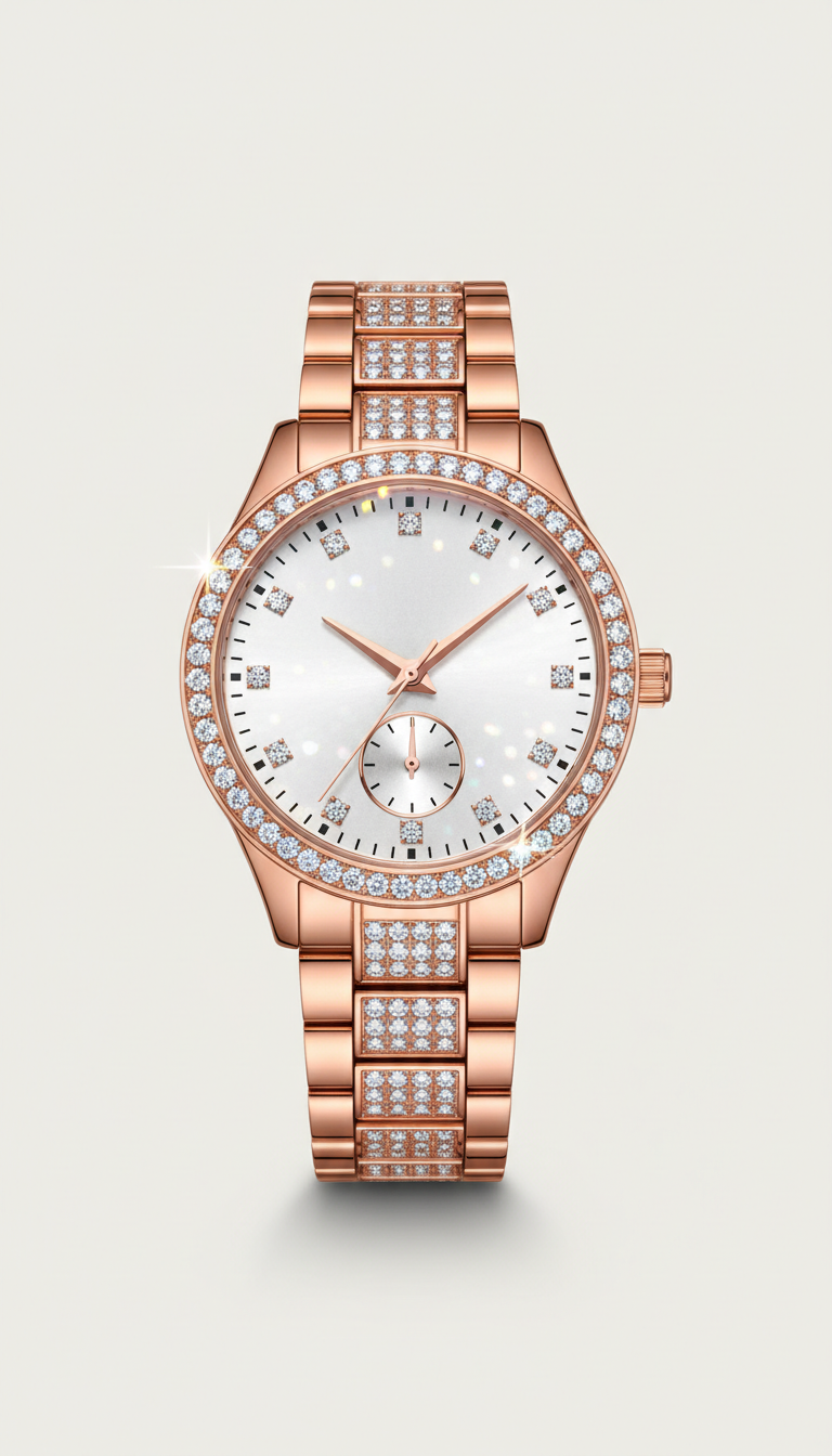 Rose gold diamond-dial watch, women's statement piece